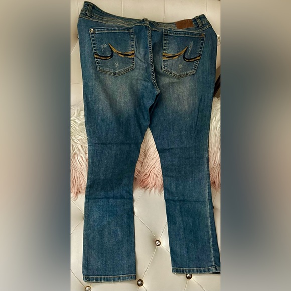 INC International Concepts Blue Medium Wash Patchwork Skinny Jeans Size 16 - Picture 4 of 8